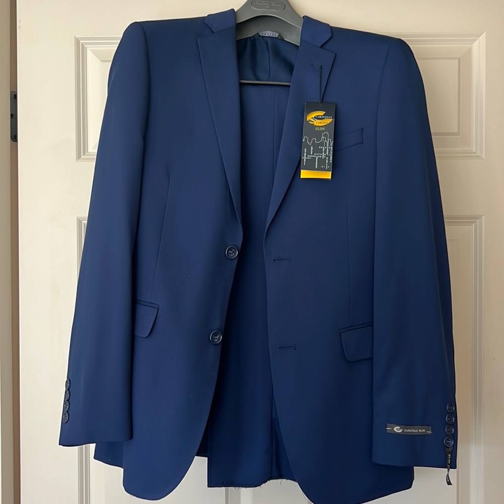 NWT MENS CARAVELLI SLIM COBALT  2 piece suit 36R 30W NEW With tags